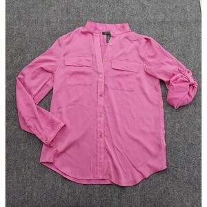 Lauren Ralph Lauren top Womens Medium Pink Roll Tab Sleeve Gold Buttons Flowy